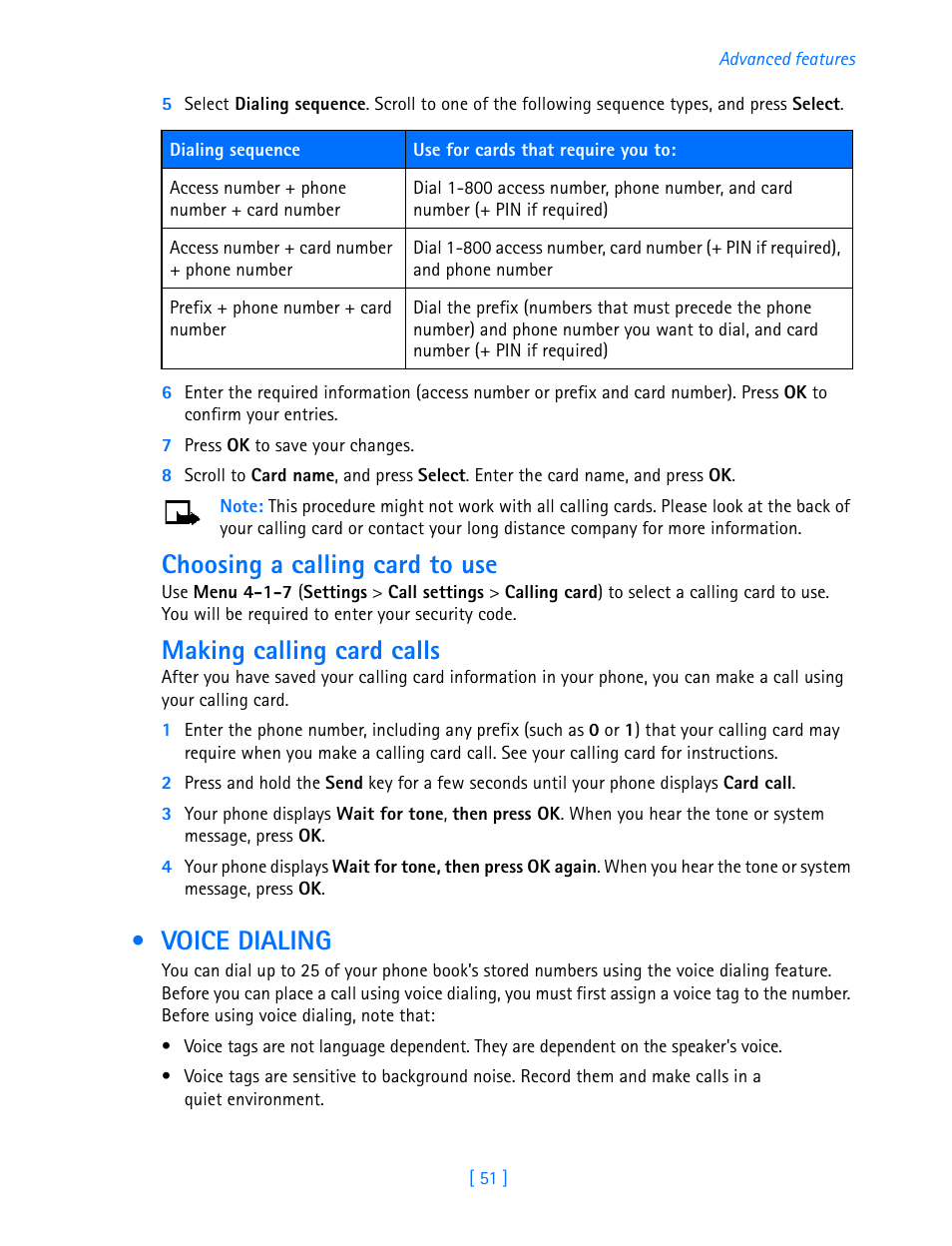 Voice dialing, Choosing a calling card to use, Making calling card calls | Nokia 3589i User Manual | Page 56 / 108