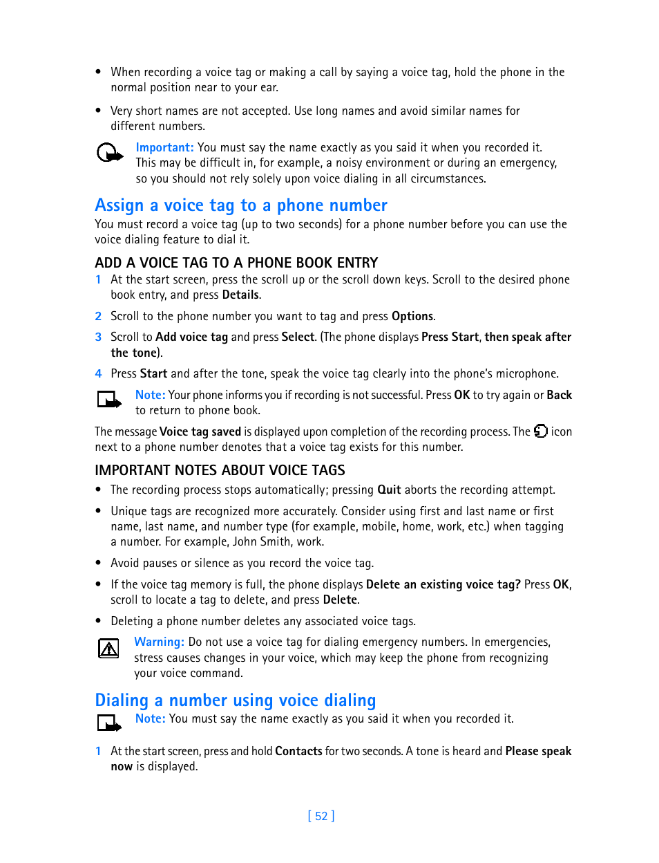 Assign a voice tag to a phone number, Dialing a number using voice dialing | Nokia 3589i User Manual | Page 57 / 108