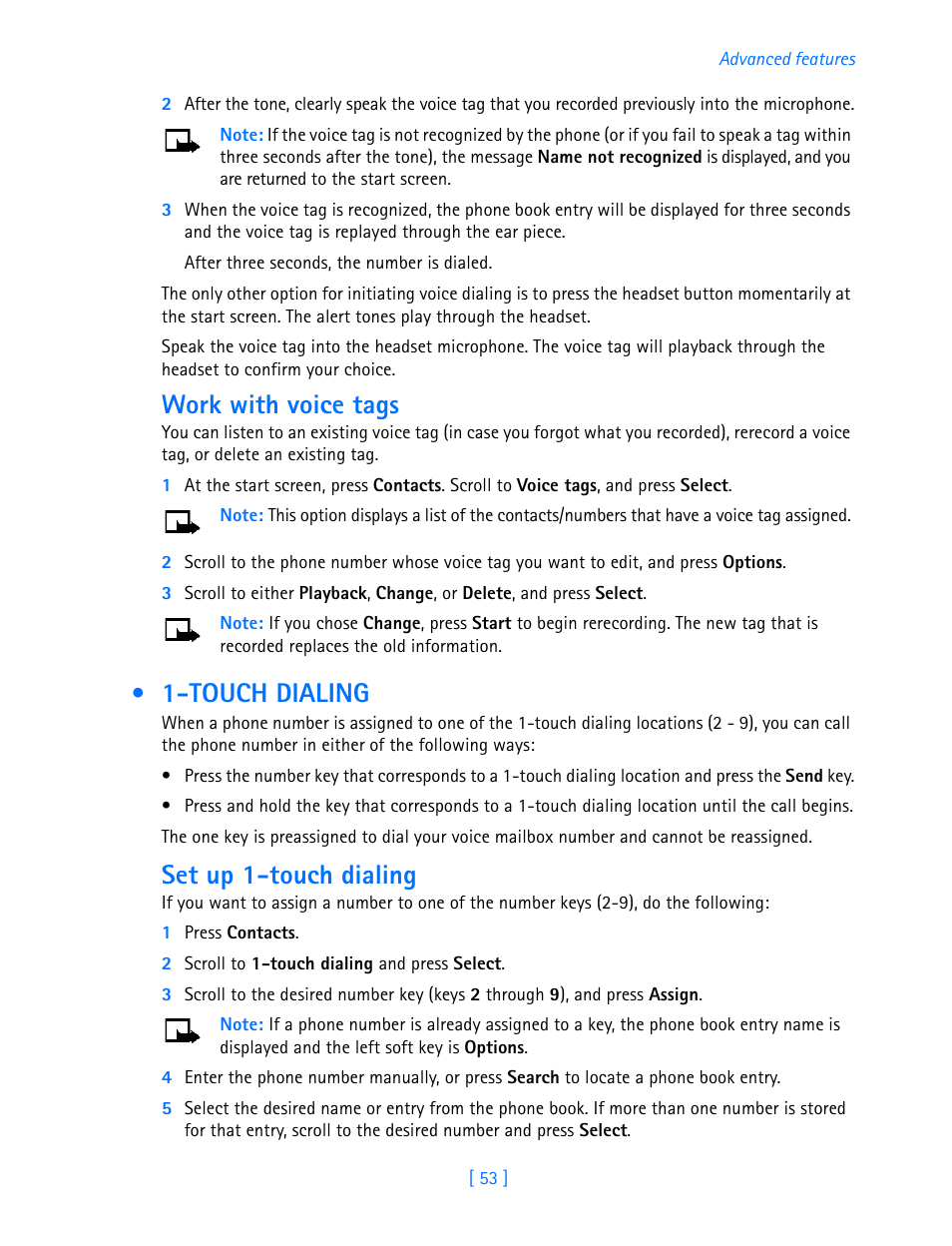 Touch dialing, Work with voice tags, Set up 1-touch dialing | Nokia 3589i User Manual | Page 58 / 108