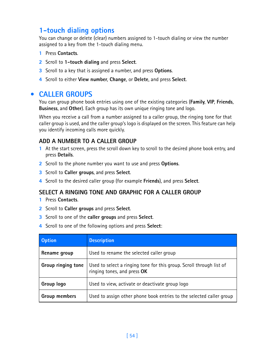 Caller groups, Touch dialing options | Nokia 3589i User Manual | Page 59 / 108