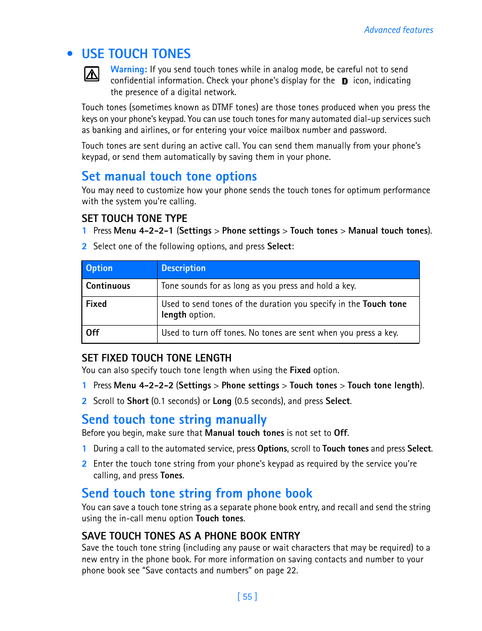 Use touch tones, Set manual touch tone options, Send touch tone string manually | Send touch tone string from phone book | Nokia 3589i User Manual | Page 60 / 108