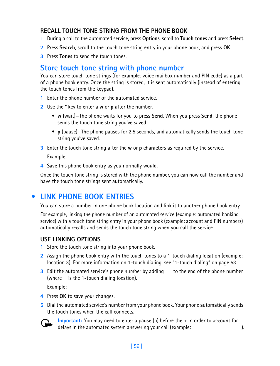 Link phone book entries, Store touch tone string with phone number | Nokia 3589i User Manual | Page 61 / 108