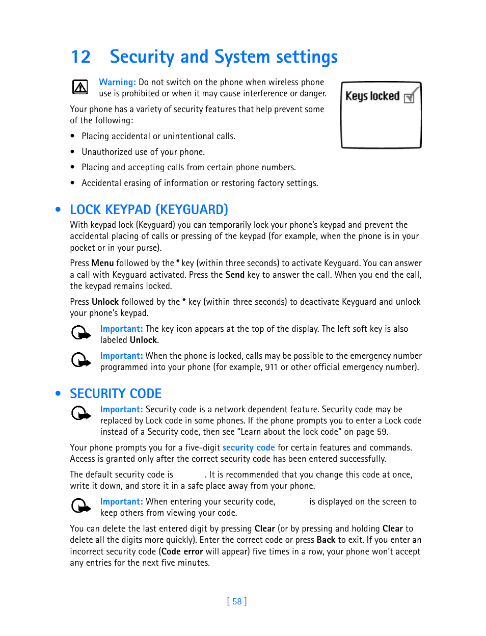 12 security and system settings, Lock keypad (keyguard), Security code | Nokia 3589i User Manual | Page 63 / 108