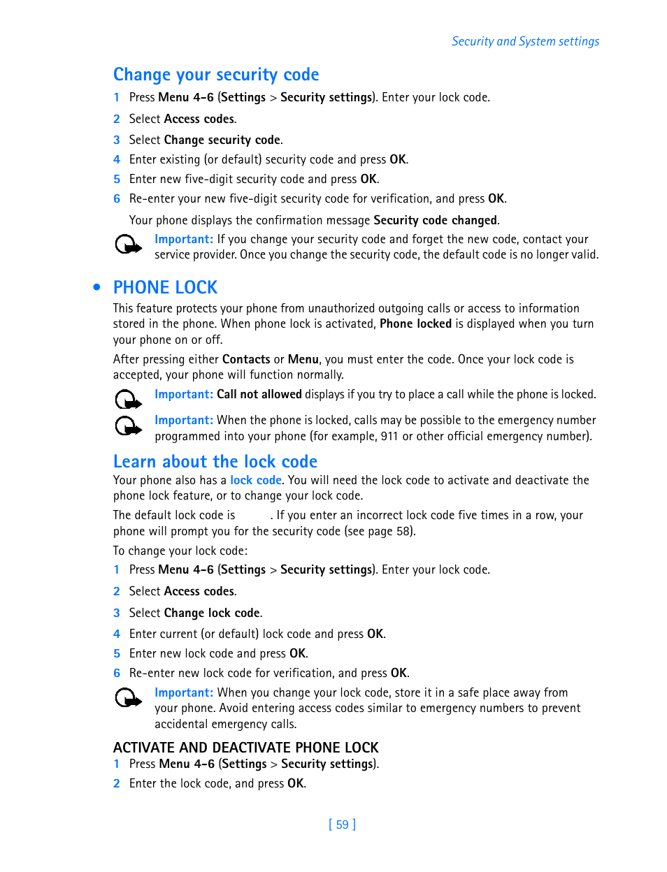 Phone lock, Change your security code, Learn about the lock code | Nokia 3589i User Manual | Page 64 / 108