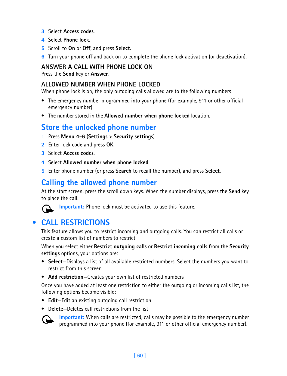 Call restrictions, Store the unlocked phone number, Calling the allowed phone number | Nokia 3589i User Manual | Page 65 / 108