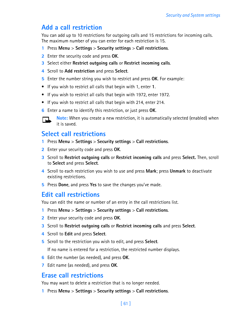 Add a call restriction, Select call restrictions, Edit call restrictions | Erase call restrictions | Nokia 3589i User Manual | Page 66 / 108