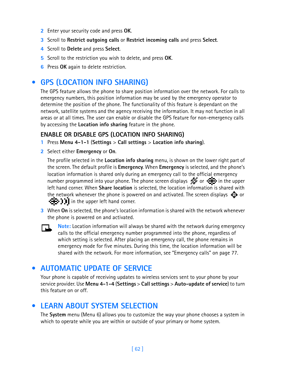 Gps (location info sharing), Automatic update of service, Learn about system selection | Nokia 3589i User Manual | Page 67 / 108