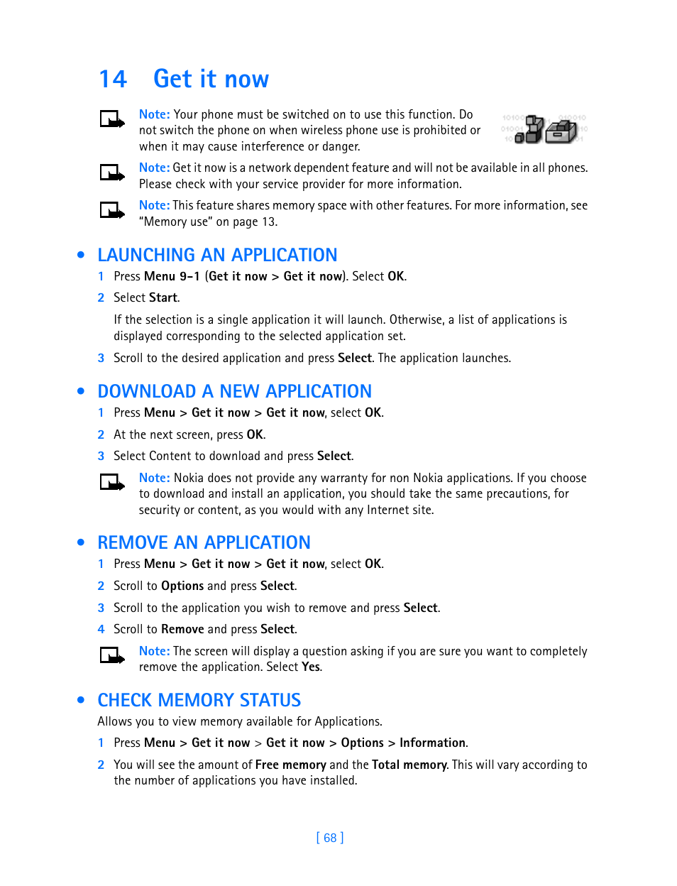 14 get it now, Launching an application, Download a new application | Remove an application, Check memory status | Nokia 3589i User Manual | Page 73 / 108