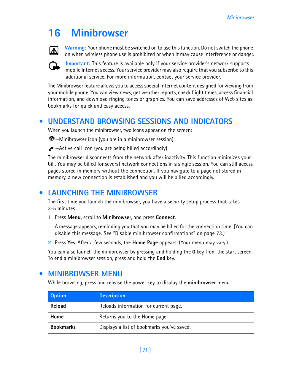 16 minibrowser, Understand browsing sessions and indicators, Launching the minibrowser | Minibrowser menu | Nokia 3589i User Manual | Page 76 / 108