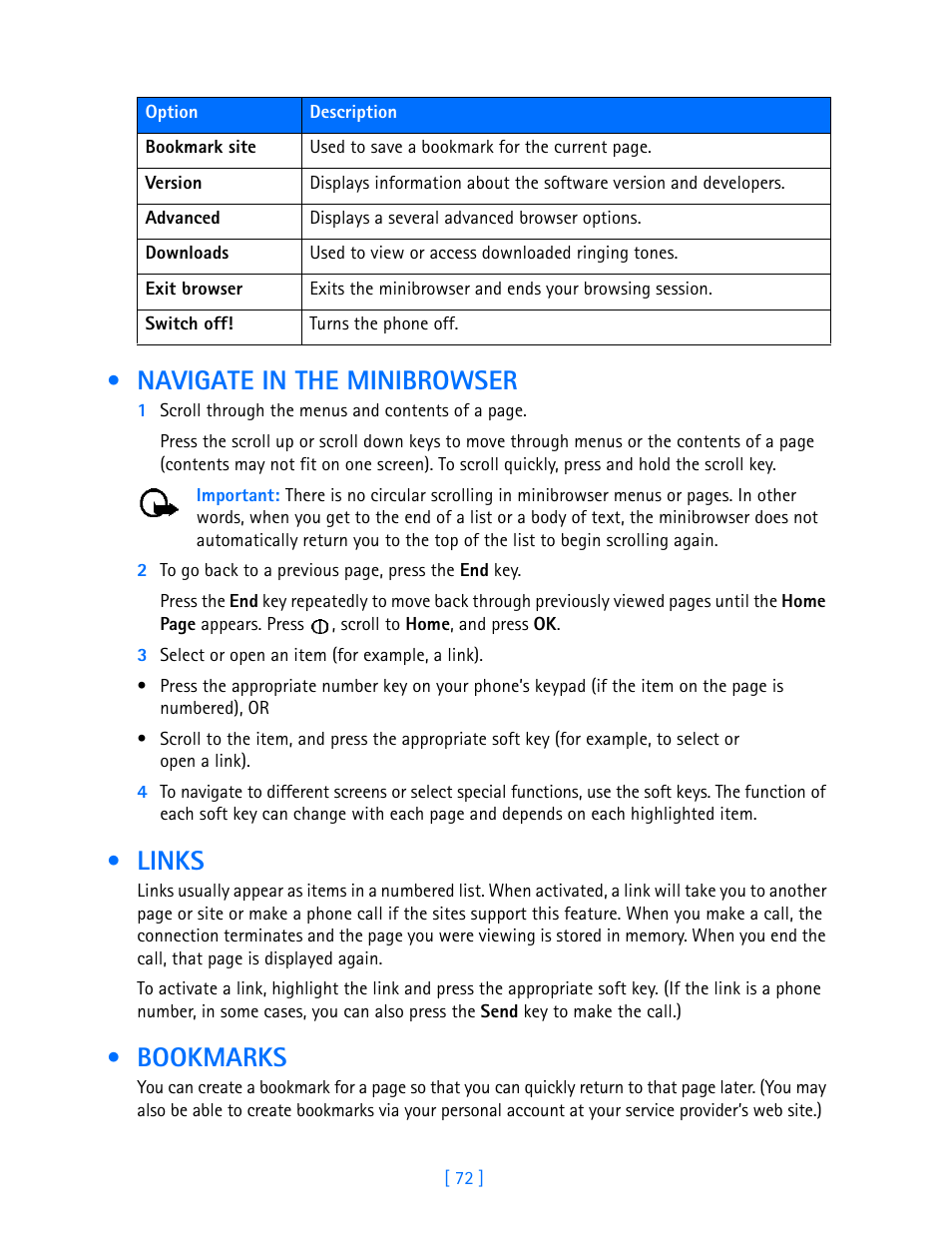 Navigate in the minibrowser, Links, Bookmarks | Nokia 3589i User Manual | Page 77 / 108