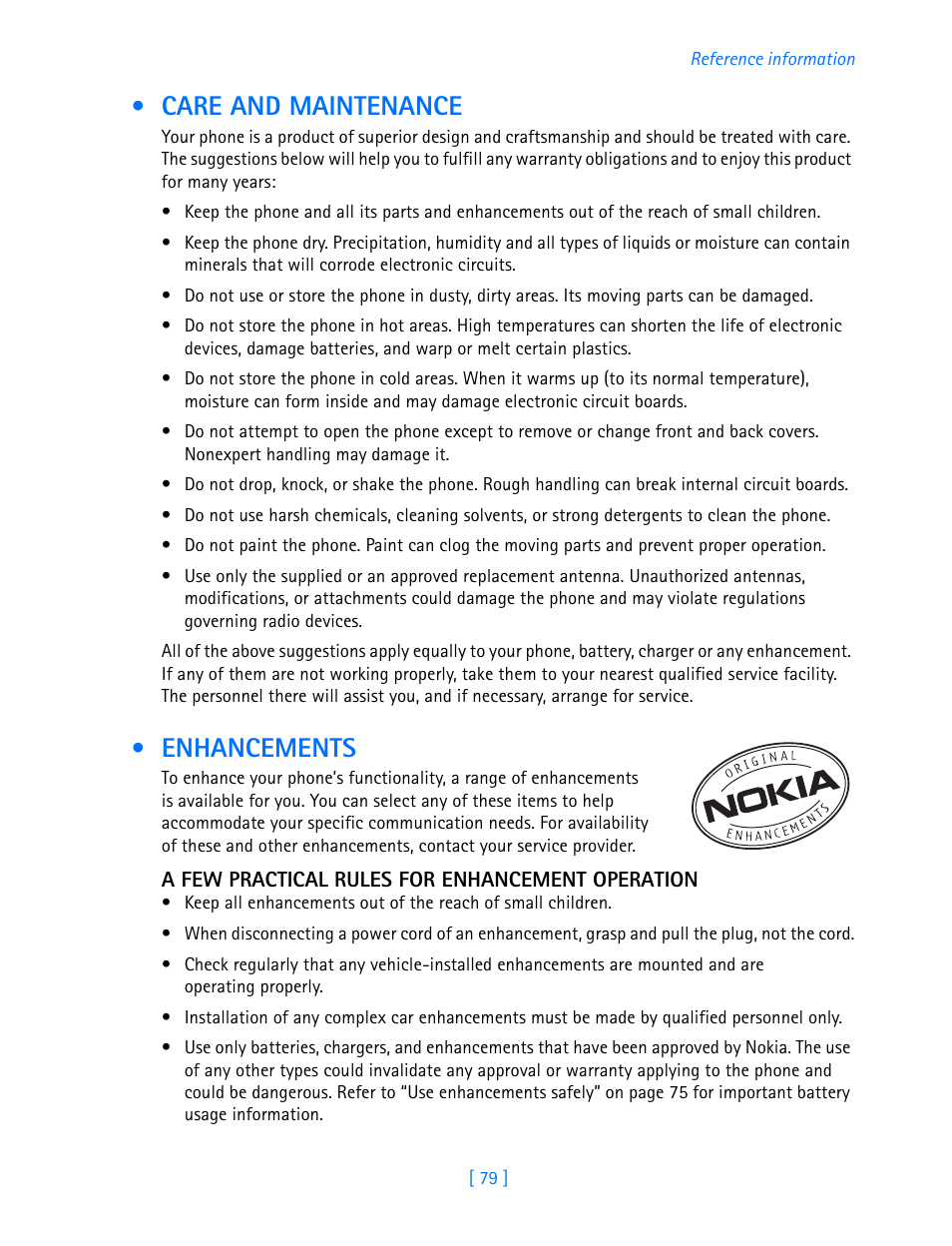 Care and maintenance, Enhancements | Nokia 3589i User Manual | Page 84 / 108