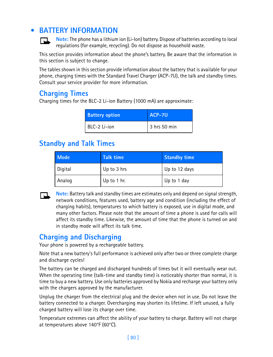 Battery information, Charging times, Standby and talk times | Charging and discharging | Nokia 3589i User Manual | Page 85 / 108