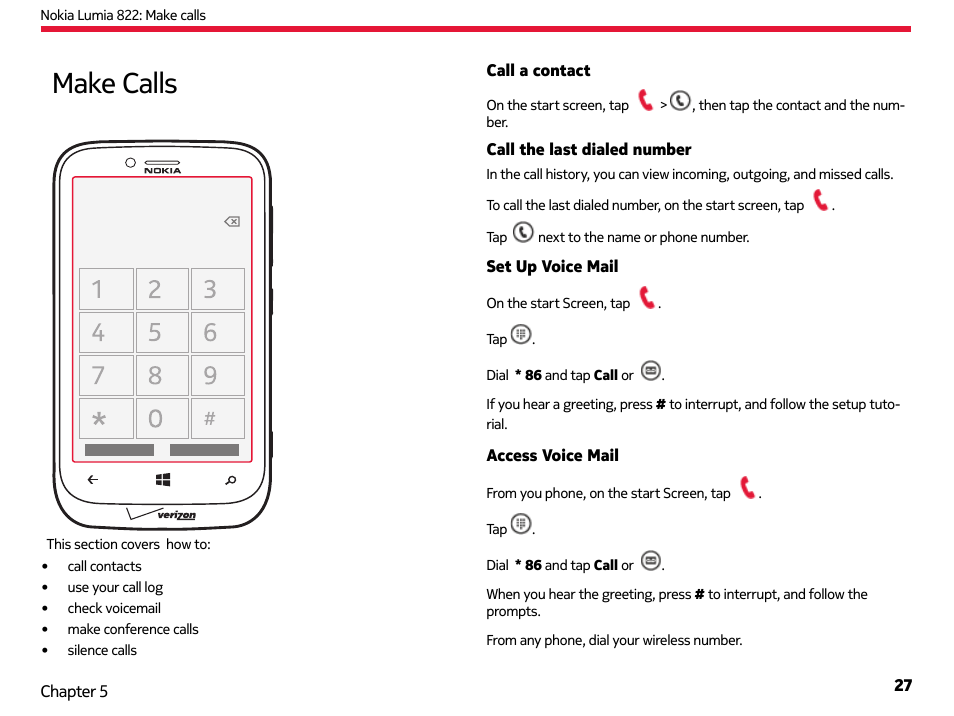 Make calls | Nokia Lumia 822 User Manual | Page 28 / 93