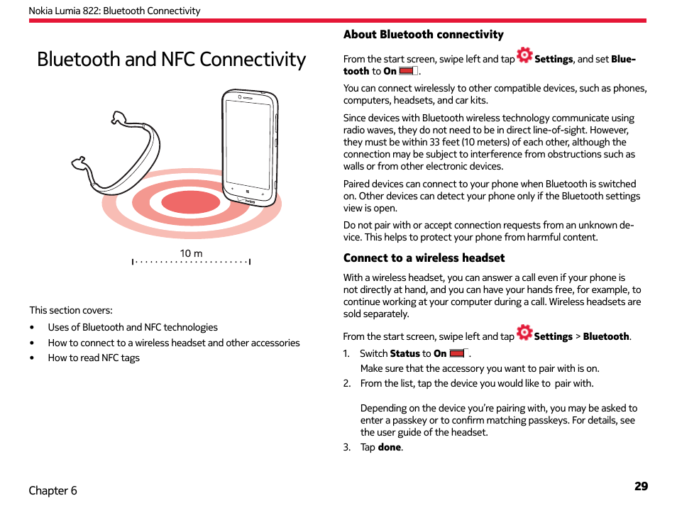 Bluetooth and nfc connectivity | Nokia Lumia 822 User Manual | Page 30 / 93