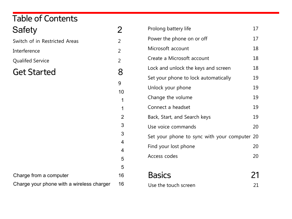 Switch off in restricted areas, Interference, Qualified service | Safety, Get started 8 basics 21 table of contents safety 2 | Nokia Lumia 822 User Manual | Page 4 / 93