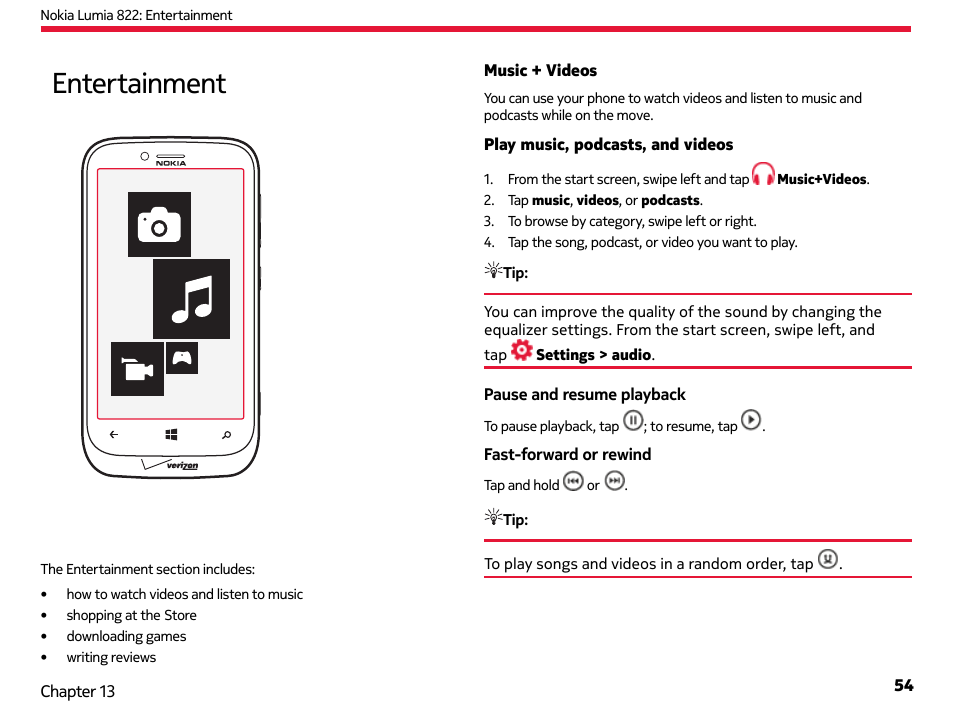 Entertainment | Nokia Lumia 822 User Manual | Page 55 / 93