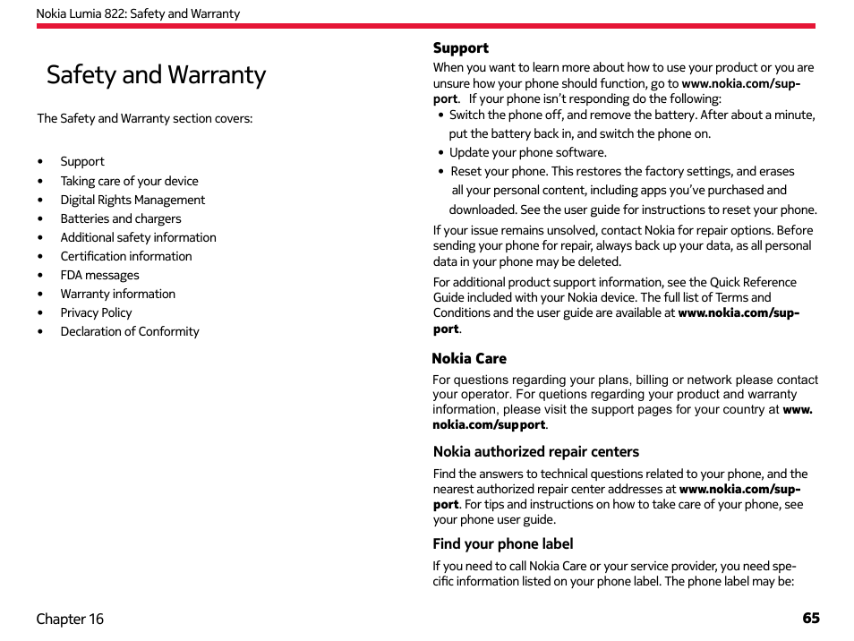 Safety and warranty | Nokia Lumia 822 User Manual | Page 66 / 93