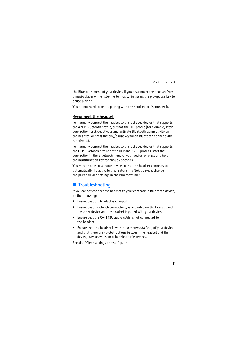 Reconnect the headset, Troubleshooting | Nokia BH-905 User Manual | Page 11 / 79