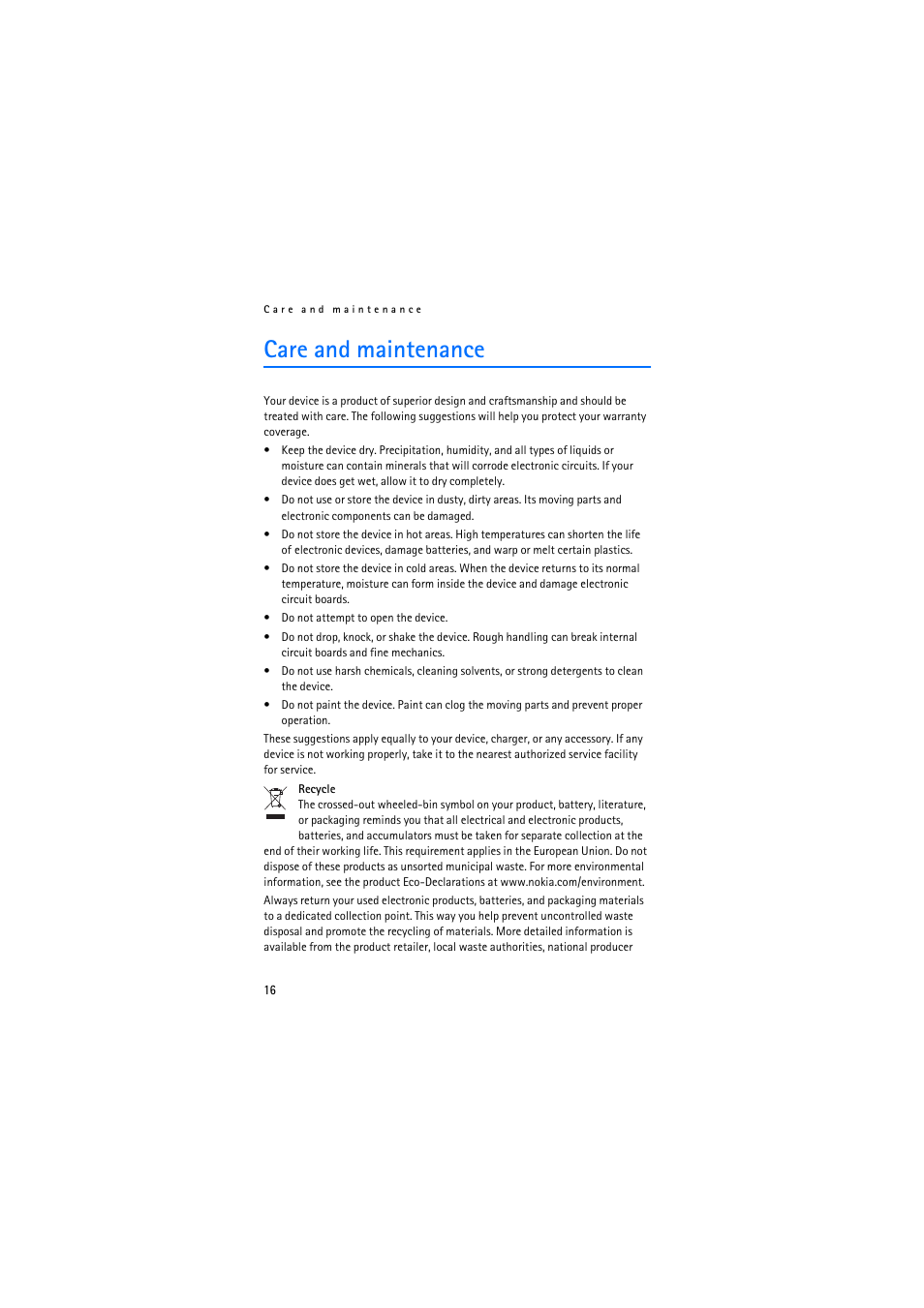 Care and maintenance | Nokia BH-905 User Manual | Page 16 / 79