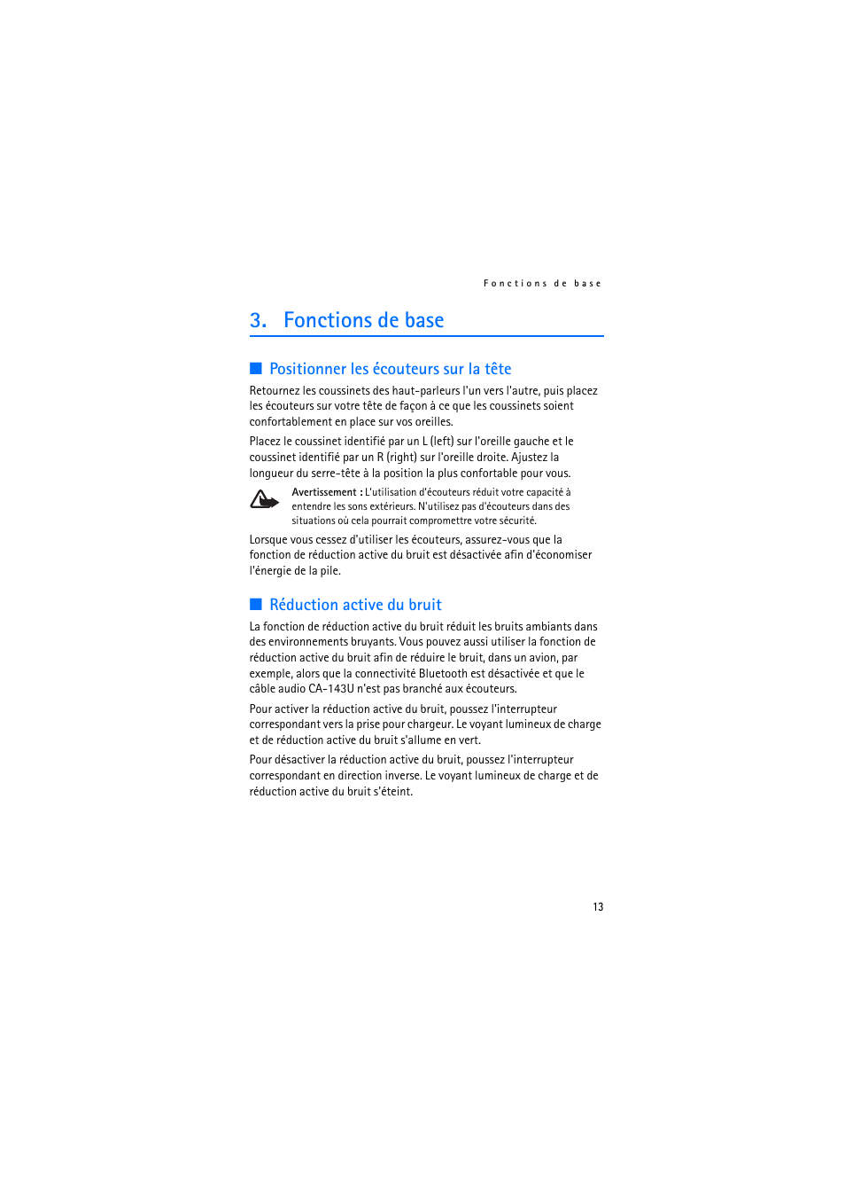 Fonctions de base, Positionner les écouteurs sur la tête, Réduction active du bruit | Nokia BH-905 User Manual | Page 31 / 79