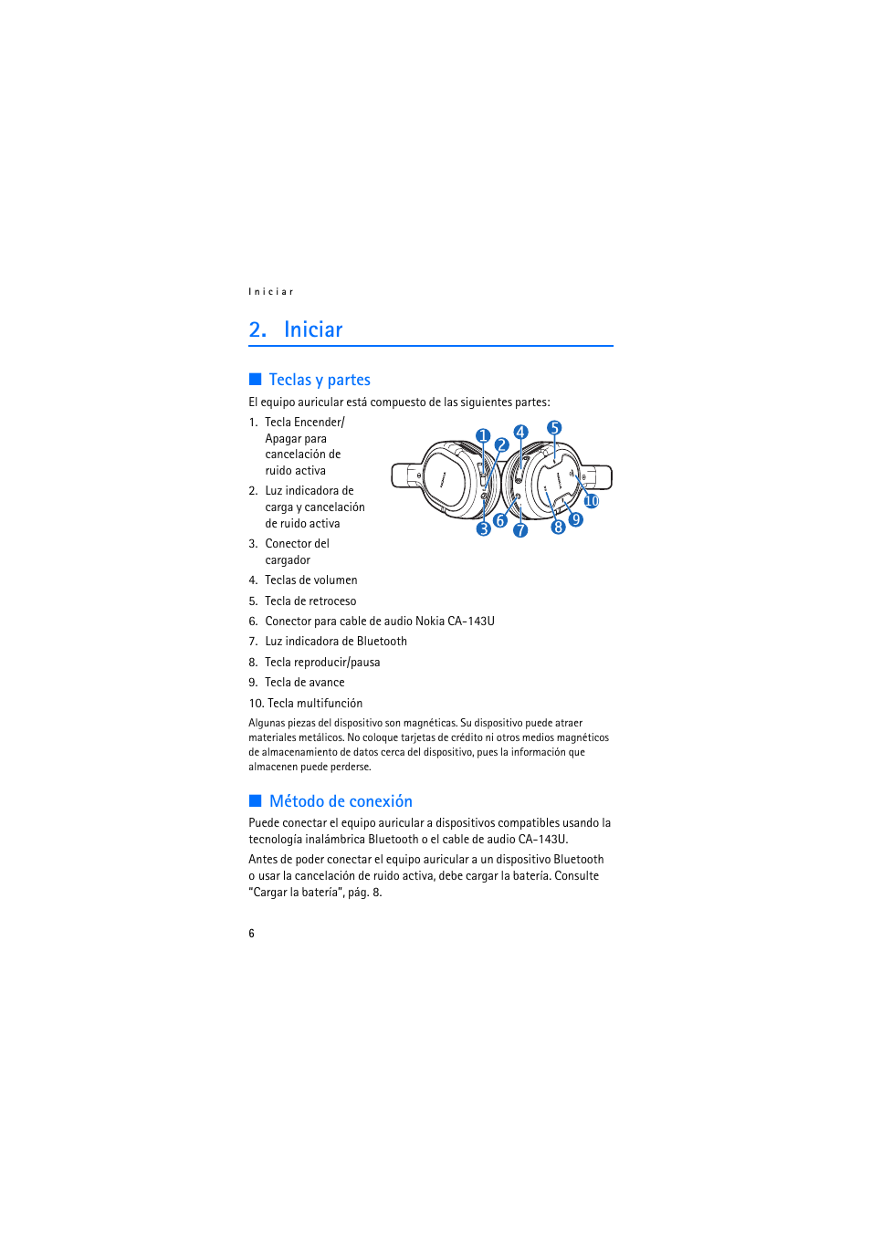 Iniciar, Teclas y partes, Método de conexión | Teclas y partes método de conexión | Nokia BH-905 User Manual | Page 44 / 79