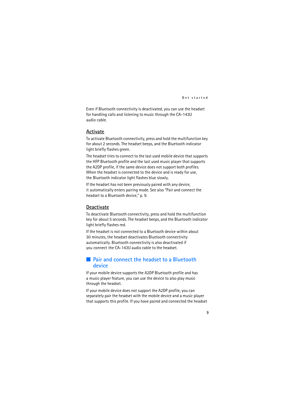 Activate, Deactivate, Pair and connect the headset to a bluetooth device | Activate deactivate | Nokia BH-905 User Manual | Page 9 / 79