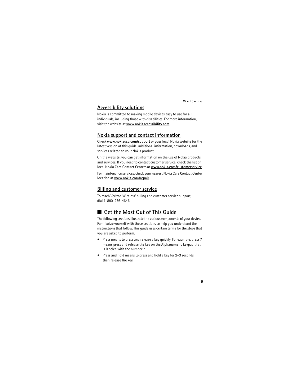 Get the most out of this guide, Accessibility solutions, Nokia support and contact information | Billing and customer service | Nokia 6205 User Manual | Page 10 / 95