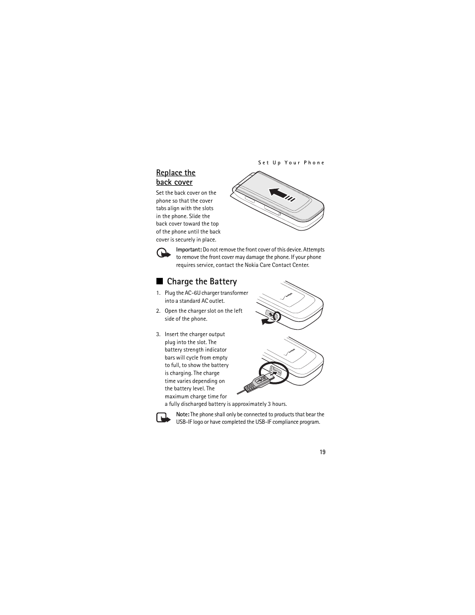 Charge the battery, Replace the back cover | Nokia 6205 User Manual | Page 20 / 95