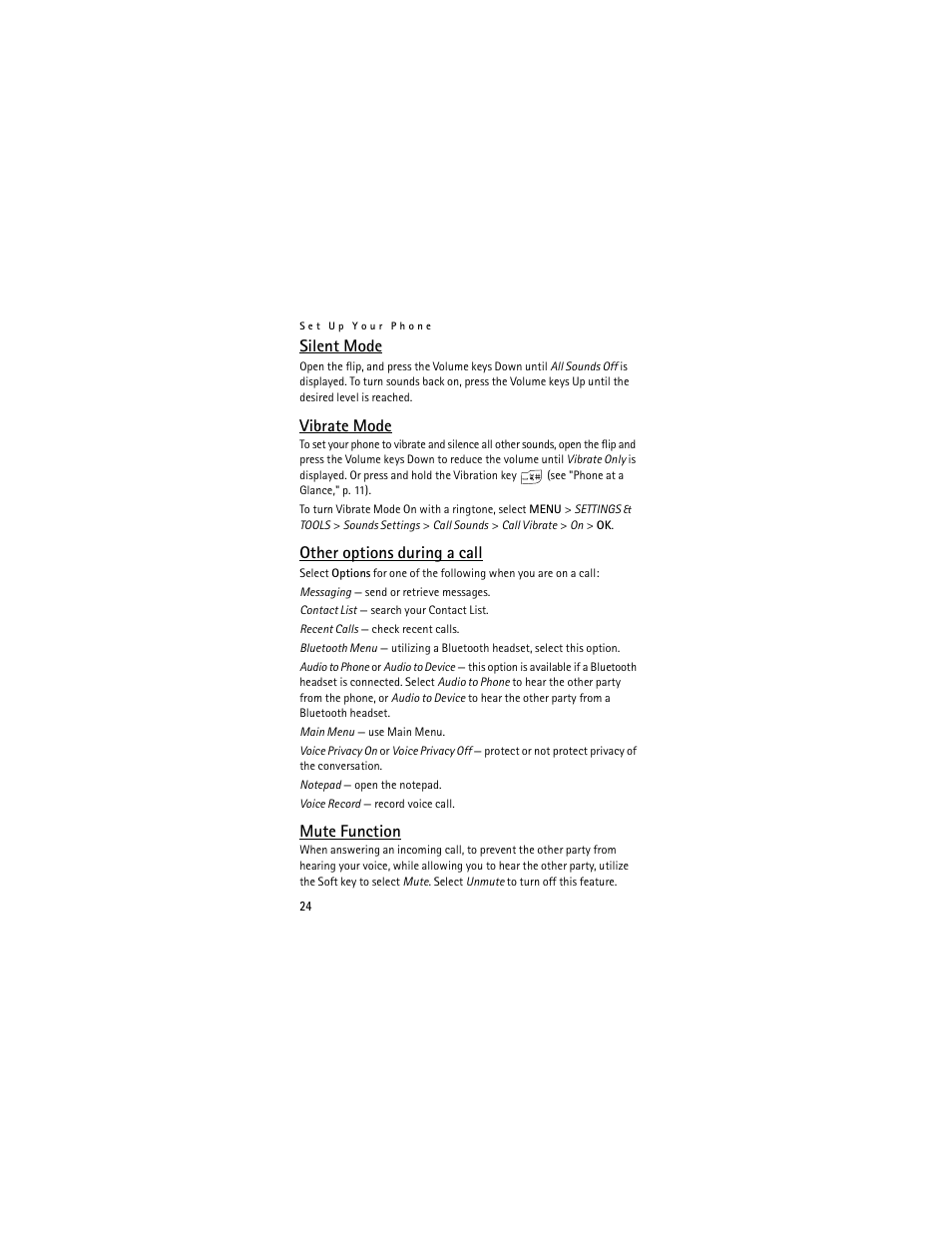 Silent mode, Vibrate mode, Other options during a call | Mute function | Nokia 6205 User Manual | Page 25 / 95