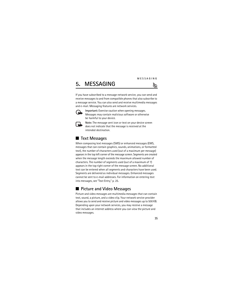 Messaging, Text messages, Picture and video messages | Text messages picture and video messages | Nokia 6205 User Manual | Page 36 / 95