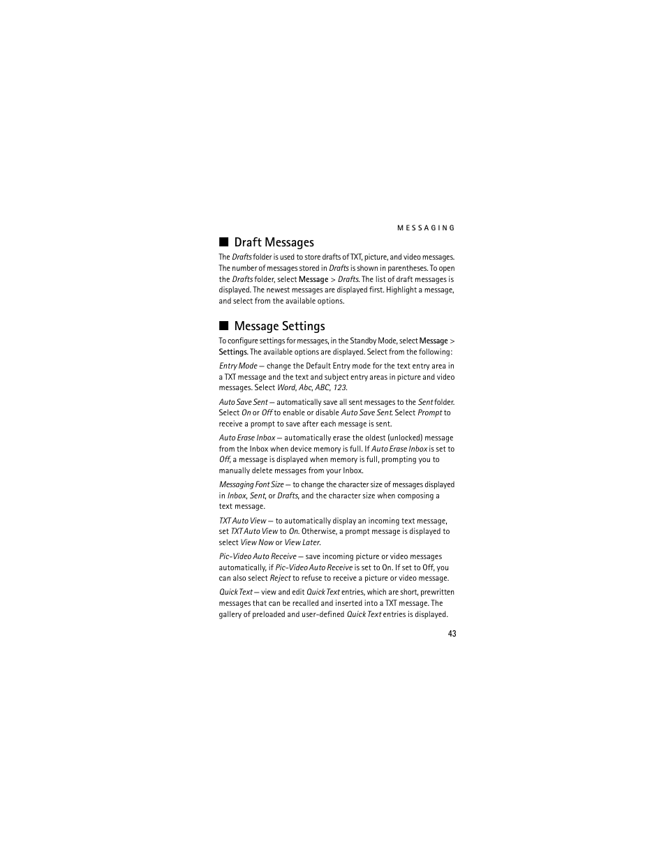 Draft messages, Message settings, Draft messages message settings | R "message settings," p. 43 | Nokia 6205 User Manual | Page 44 / 95