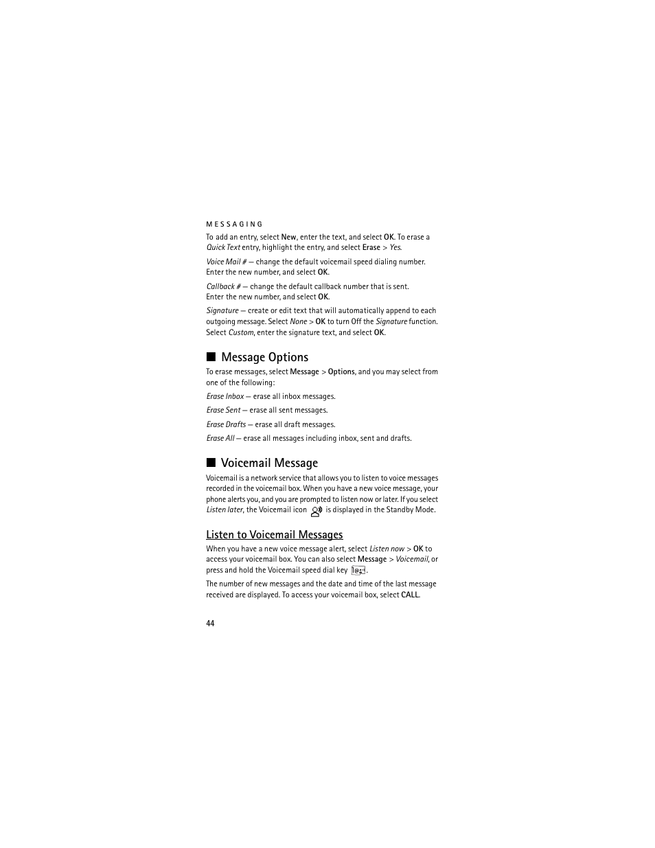 Message options, Voicemail message, Message options voicemail message | Listen to voicemail messages | Nokia 6205 User Manual | Page 45 / 95