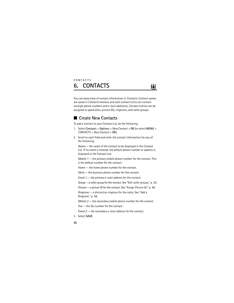 Contacts, Create new contacts, E "create new contacts," p. 46 | Nokia 6205 User Manual | Page 47 / 95