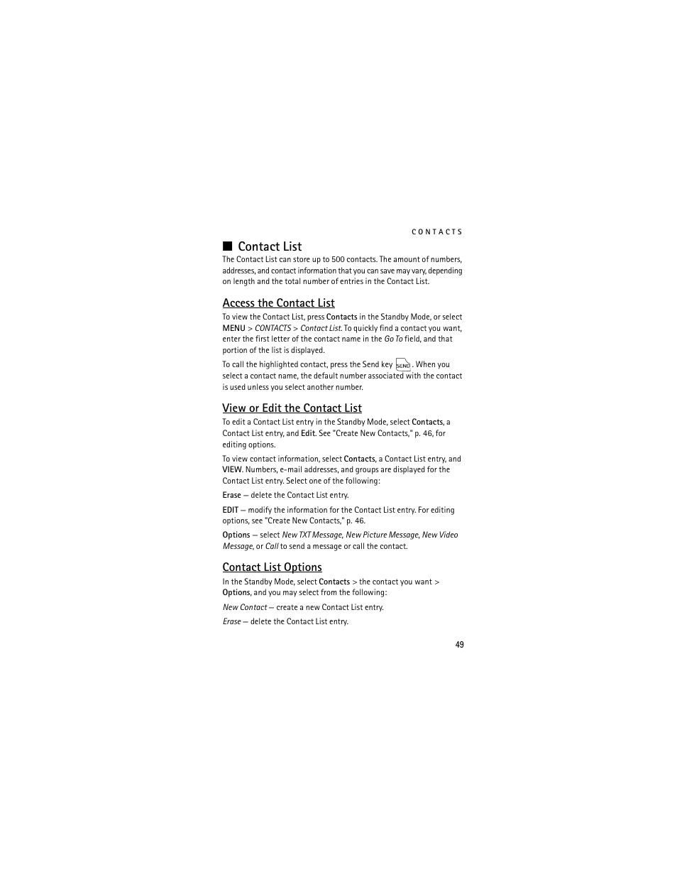 Contact list, Access the contact list, View or edit the contact list | Contact list options | Nokia 6205 User Manual | Page 50 / 95