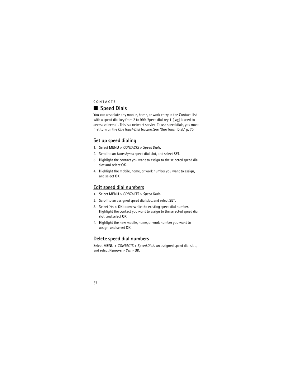 Speed dials, Set up speed dialing, Edit speed dial numbers | Delete speed dial numbers | Nokia 6205 User Manual | Page 53 / 95