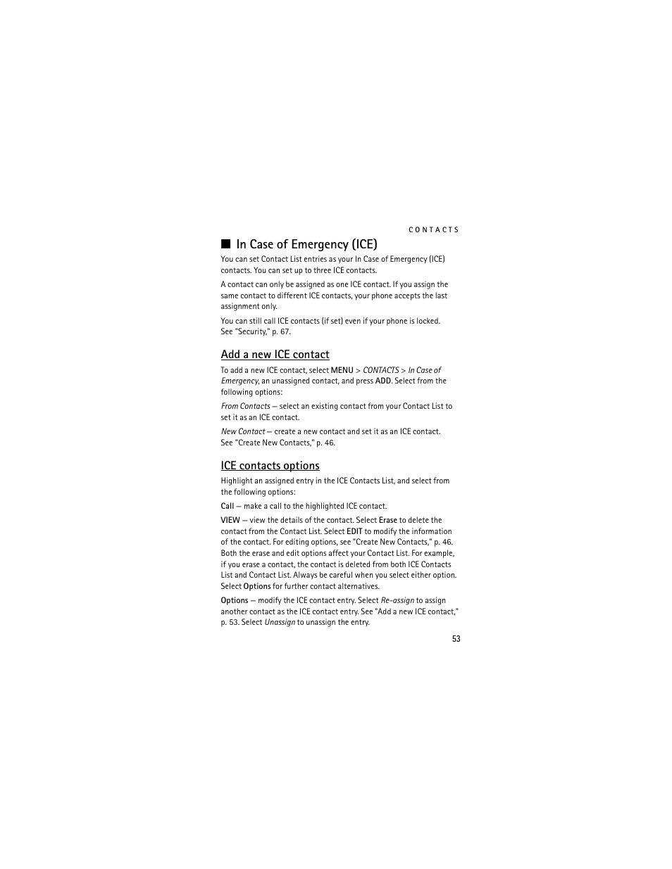 In case of emergency (ice), Add a new ice contact, Ice contacts options | Nokia 6205 User Manual | Page 54 / 95
