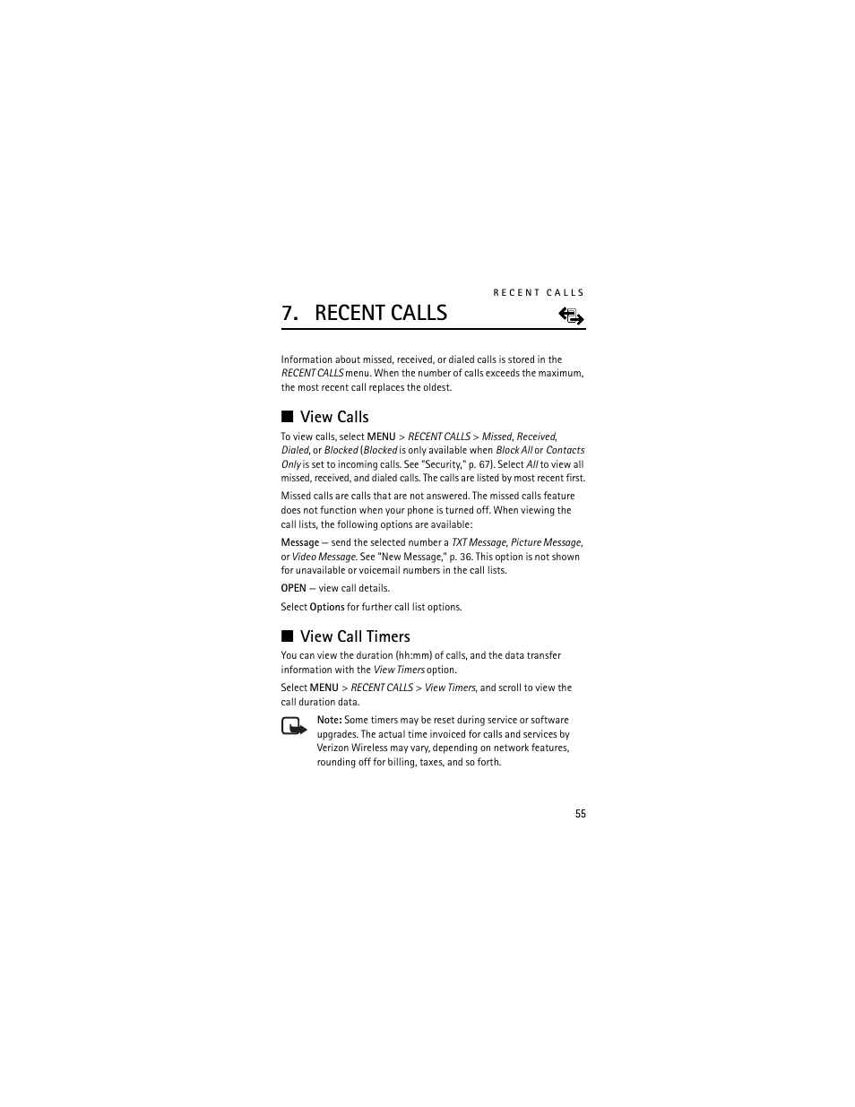 Recent calls, View calls, View call timers | View calls view call timers | Nokia 6205 User Manual | Page 56 / 95