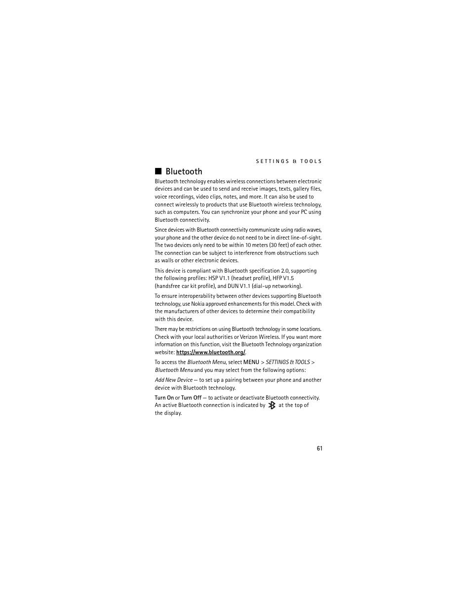 Bluetooth | Nokia 6205 User Manual | Page 62 / 95