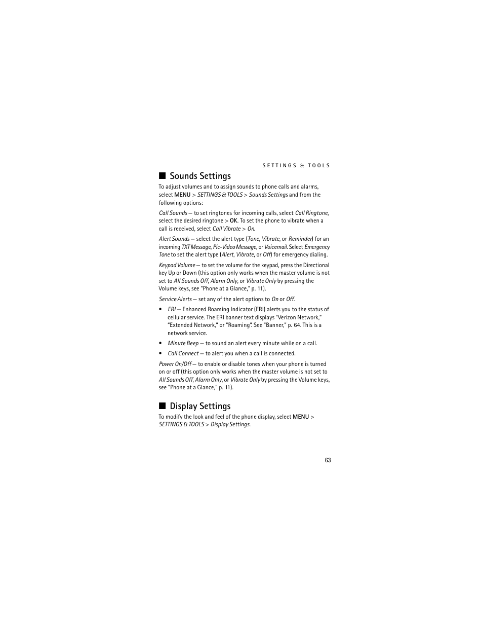 Sounds settings, Display settings, Sounds settings display settings | Nokia 6205 User Manual | Page 64 / 95