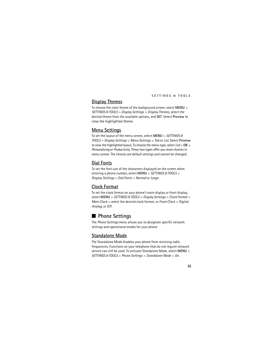 Phone settings, Standalone mode," p. 65 | Nokia 6205 User Manual | Page 66 / 95