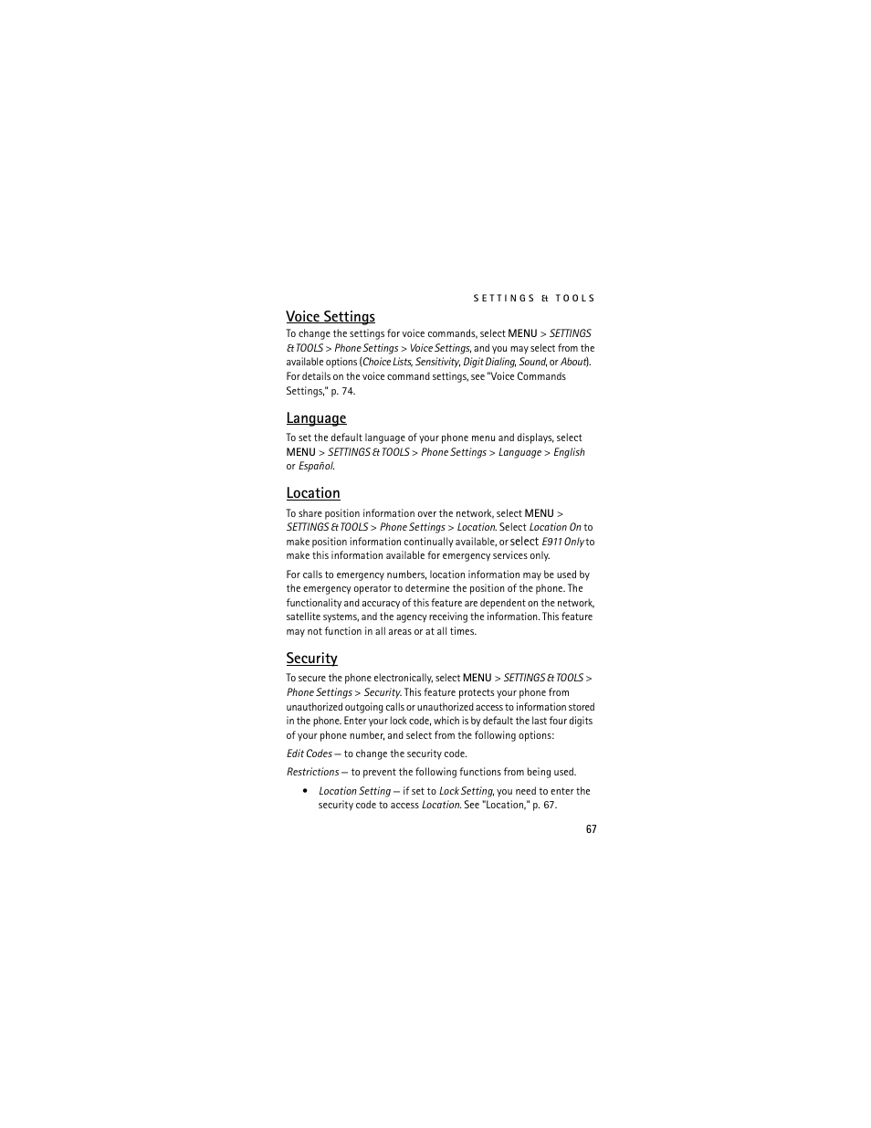 Location," p. 67, Security," p. 67, Voice settings | Language, Location, Security | Nokia 6205 User Manual | Page 68 / 95