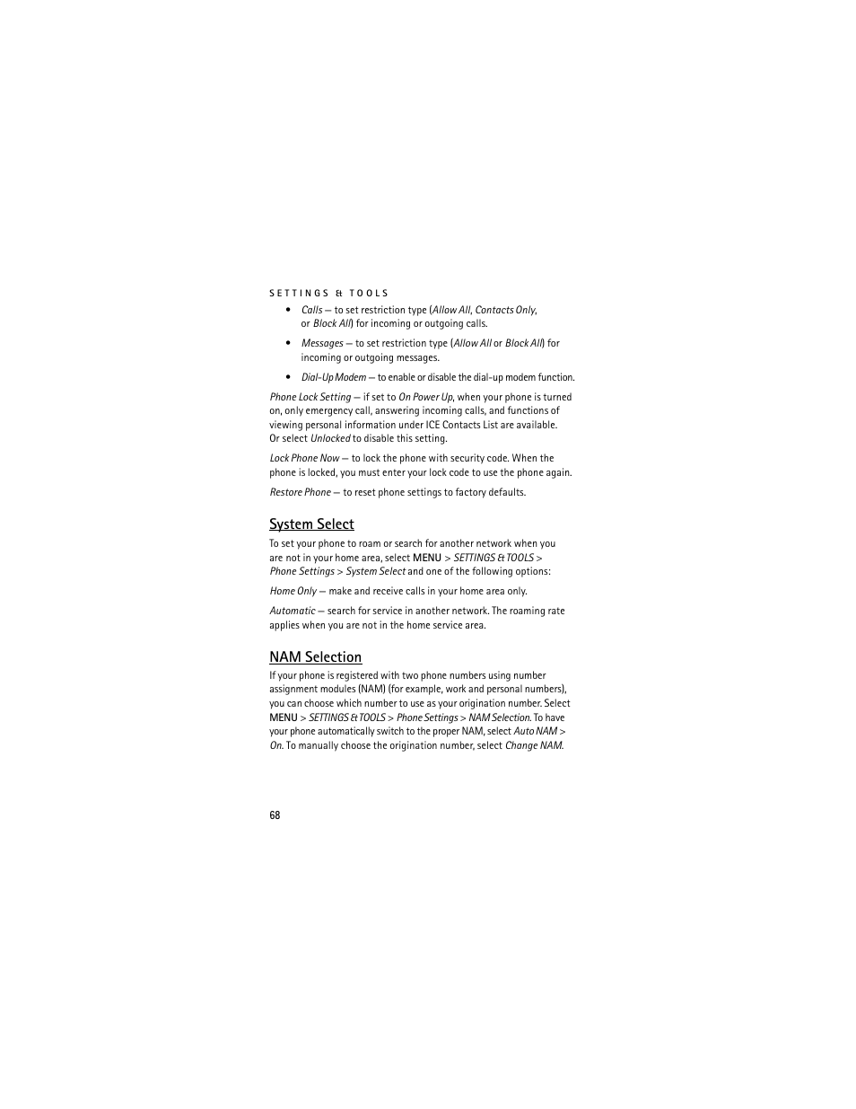 System select, Nam selection | Nokia 6205 User Manual | Page 69 / 95