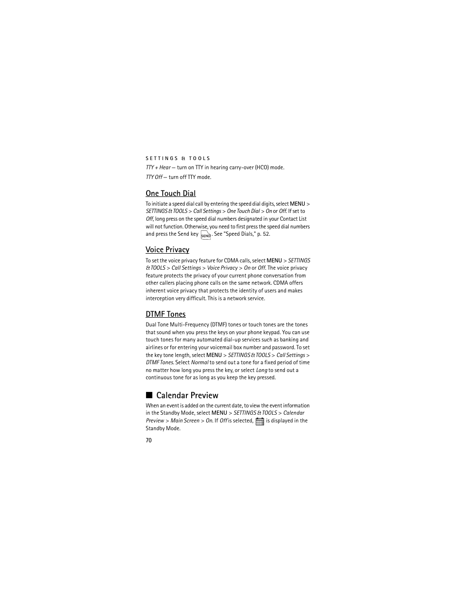 Calendar preview, One touch dial, Voice privacy | Dtmf tones | Nokia 6205 User Manual | Page 71 / 95