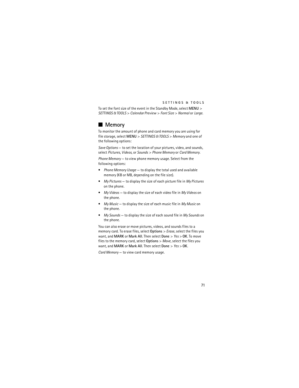 Memory | Nokia 6205 User Manual | Page 72 / 95