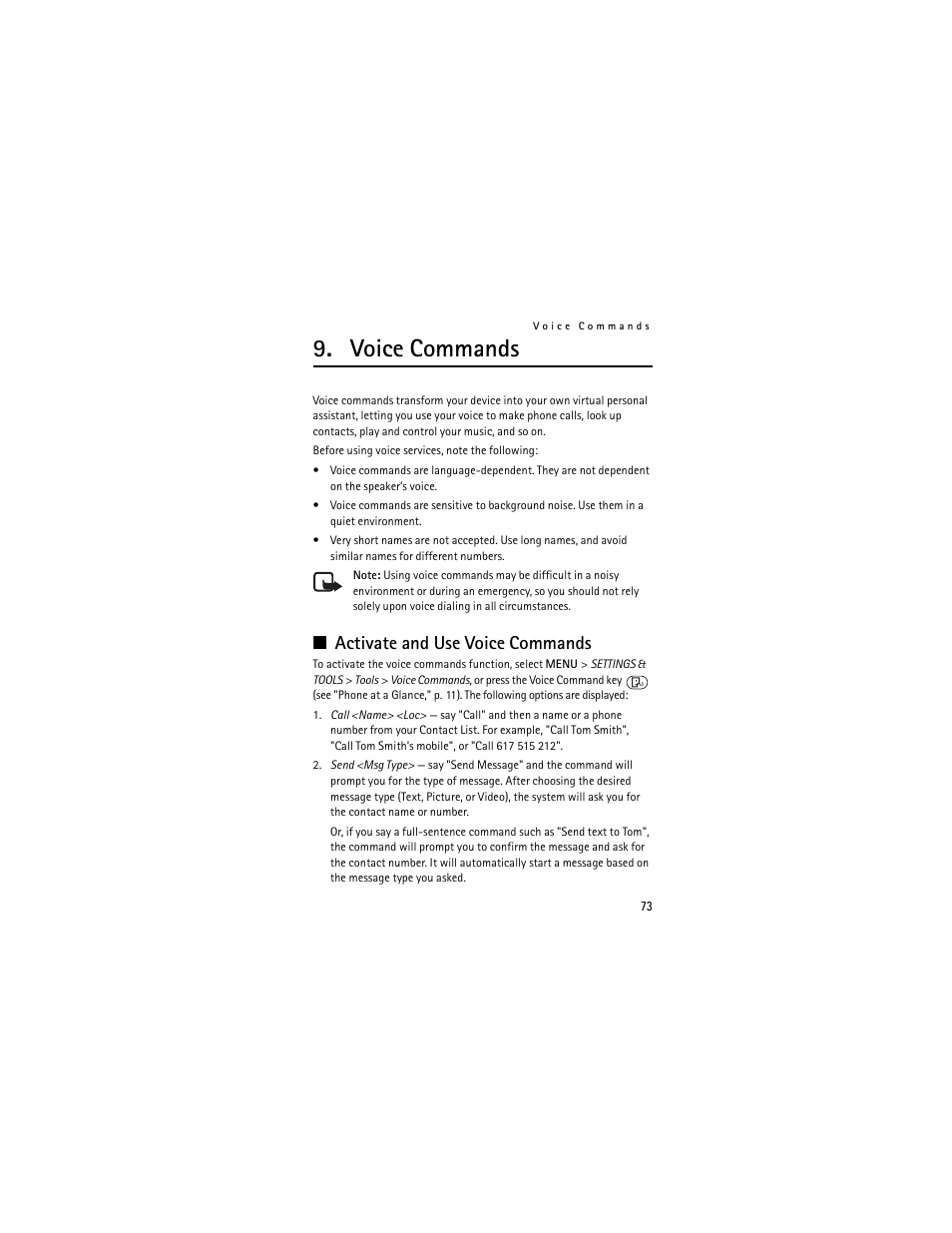 Voice commands, Activate and use voice commands | Nokia 6205 User Manual | Page 74 / 95