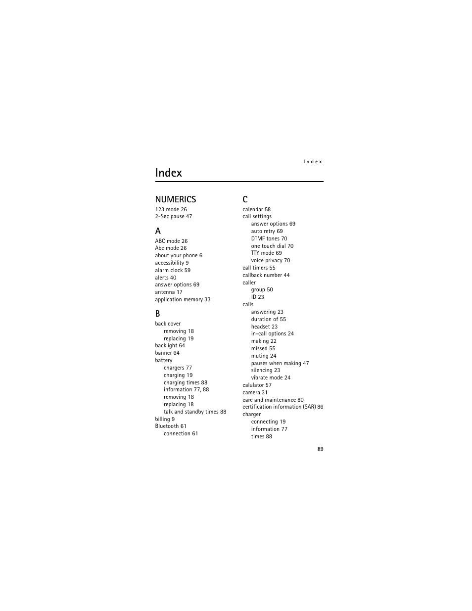 Index, Numerics | Nokia 6205 User Manual | Page 90 / 95