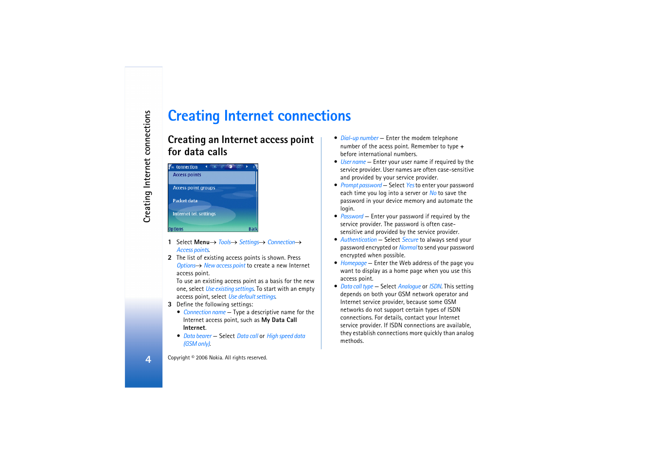 Creating internet connections, Creating an internet access point for data calls | Nokia E62 User Manual | Page 4 / 11