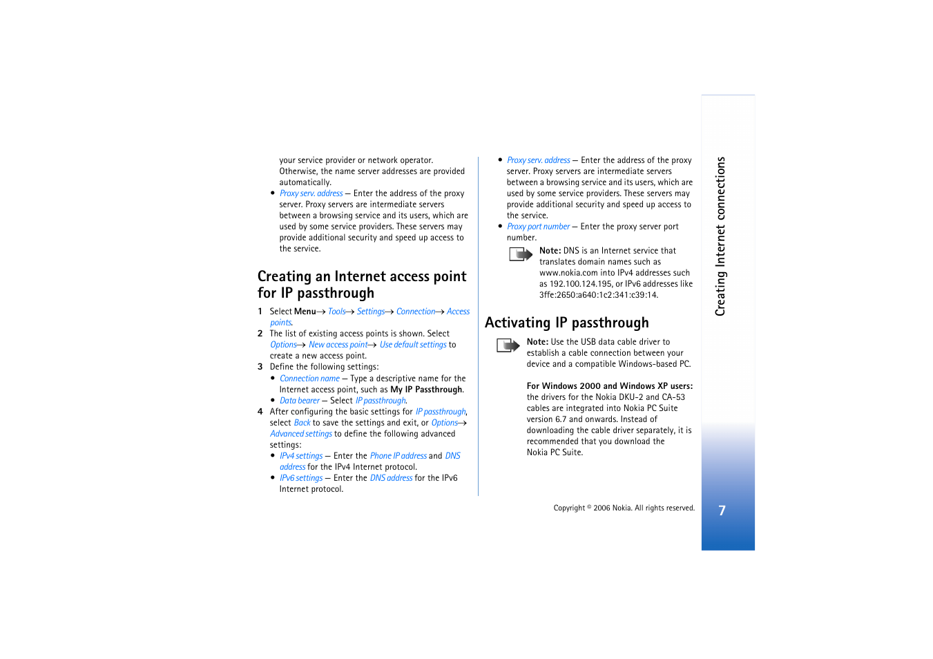 Activating ip passthrough, Creating internet connections | Nokia E62 User Manual | Page 7 / 11