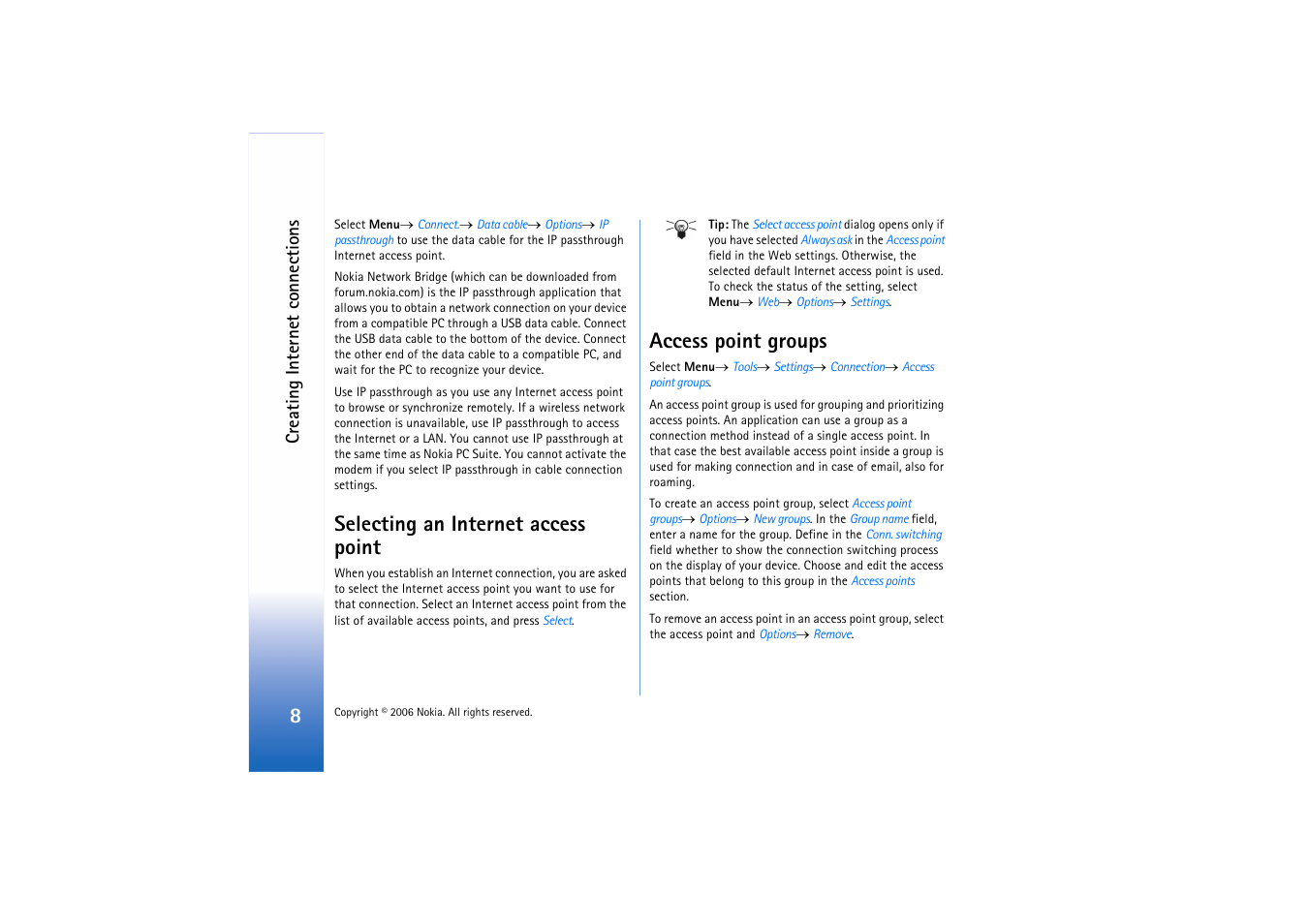 Selecting an internet access point, Access point groups, Creating internet connections | Nokia E62 User Manual | Page 8 / 11