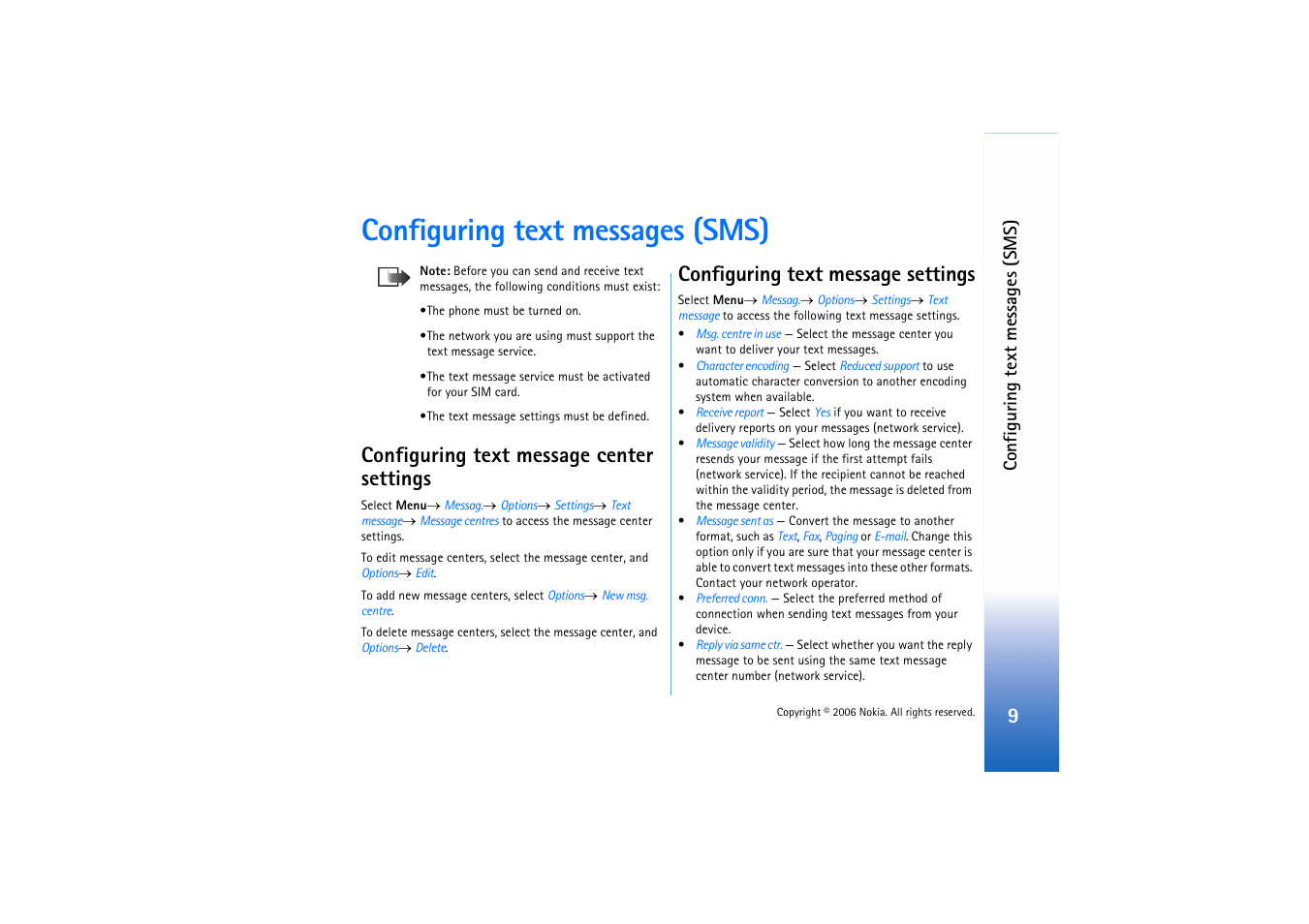 Configuring text messages (sms), Configuring text message center settings, Configuring text message settings | Nokia E62 User Manual | Page 9 / 11